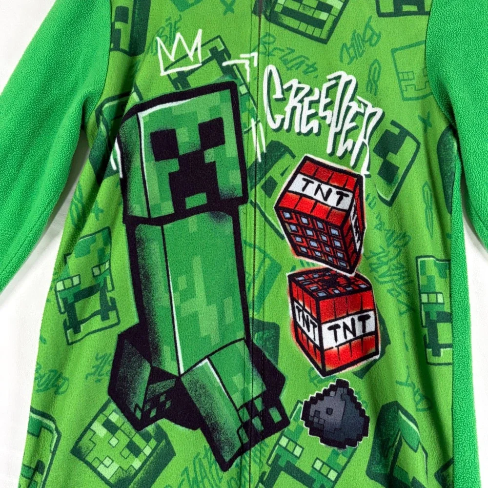 Minecraft Creeper Kids Hooded Fleece Union Suit Green Pajamas Size 10